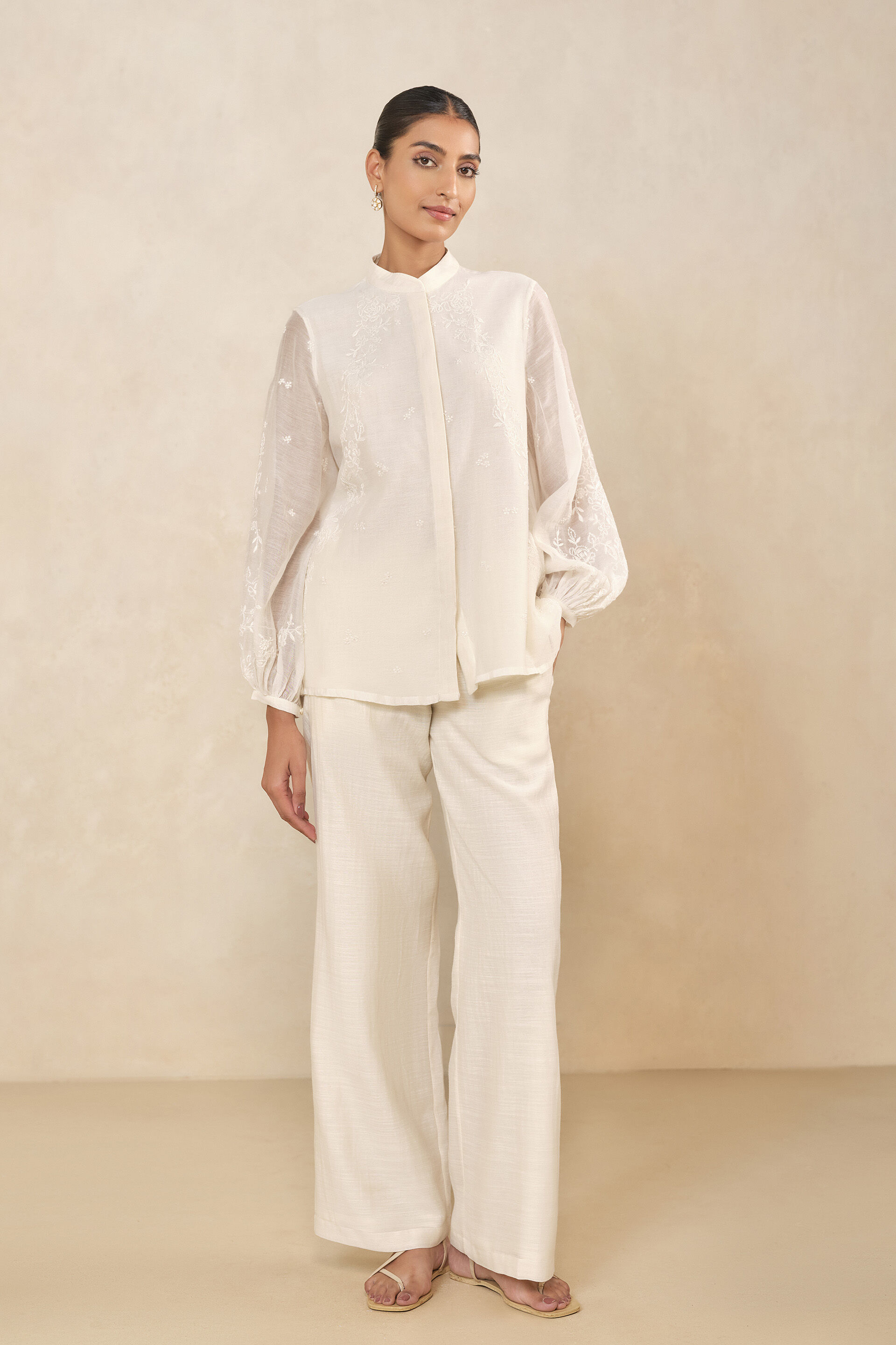 Haiku Chikankari Hand-embroidered Mul Shirt - Ivory